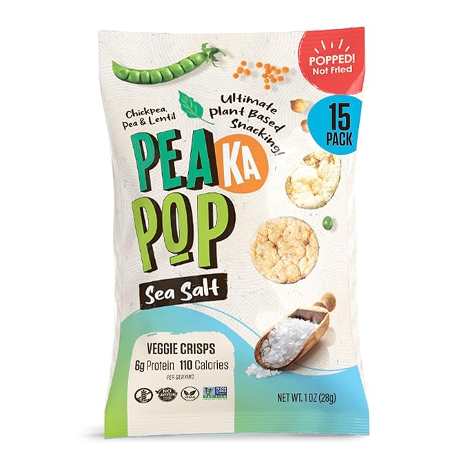 PeaKaPop Veggie Chips – Plant-Based, Healthy Veggie Crisps with Pea, Lentil & Chickpea Protein – Vegan, Gluten-Free, Popped Chips – Snack Size for Kids & Adults – 1 oz Bags (15-Pack) – Sea Salt