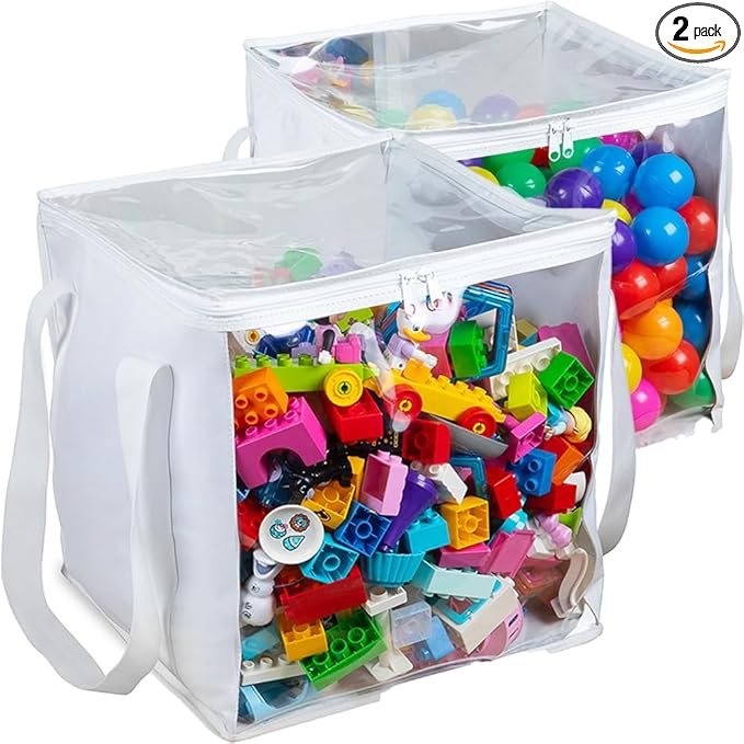 2 Pack Extra Large Toy Storage Clear Bags with Zipper 14"x14"x14" Clear Plastic Bins with Handle, Toy Organizer for Kids playroom, Blocks, Clothes, Stuffed Animal Storage