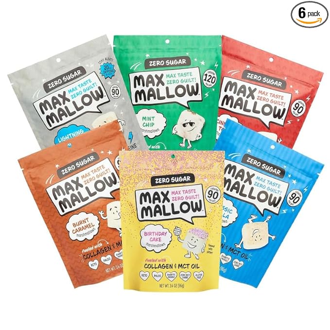 Max Mallow Sugar Free Marshmallows - Keto-Friendly, Deliciously Fluffy Treats Perfect for S'mores, Hot Chocolate, and Baking with Zero Sugar, Marshmallows for smores Zero Sugar Marshmallow 6 Pack