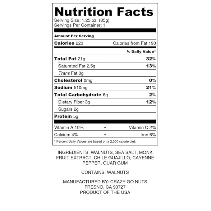 Crazy Go Nuts Walnuts Sweet & Spicy - Glazed Walnuts, Healthy Snacks, Vegan, Gluten Free, Superfood-Natural, Non-GMO, ALA, Omega 3 Fatty Acids, Good Fats, and Antioxidants - 1.25 Oz, 6-Pack