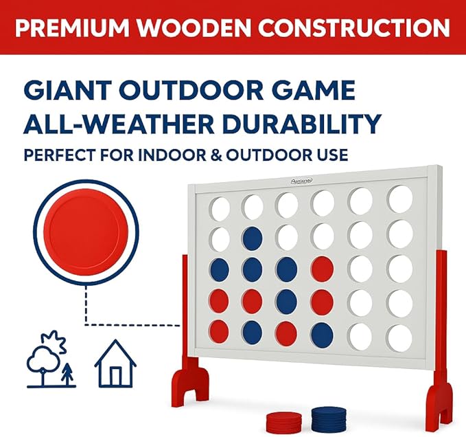 Bolaball Giant Wooden 4-in-a-Row Game – 4FT Jumbo Connect Game for Kids & Adults, Indoor & Outdoor Fun, Durable Design for Family Gatherings, BBQs, Parties & More