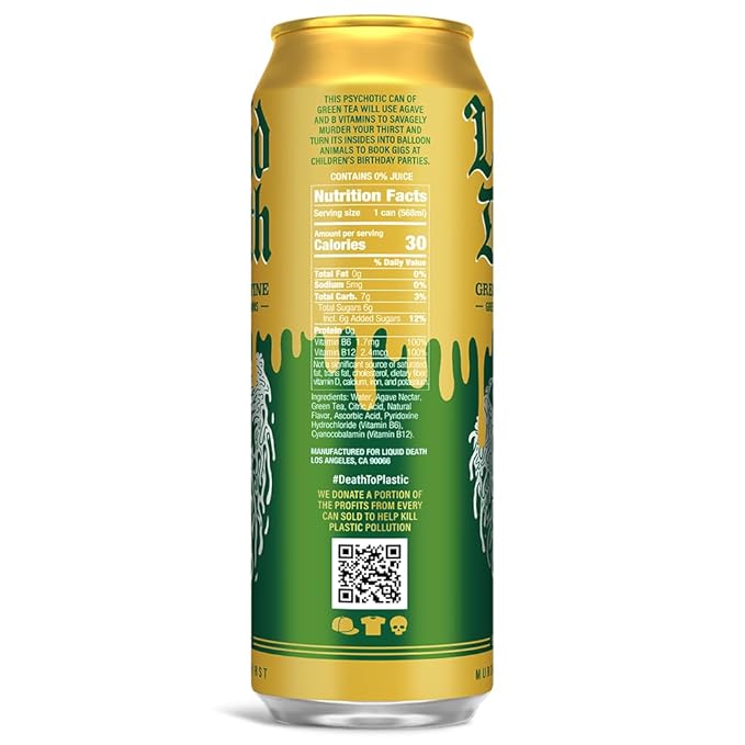 Liquid Death, Green Guillotine Iced Tea, 8-Pack (19.2oz Cans), Green Tea, Low Calorie, No Artificial Sweeteners, B12 & B6 Vitamins