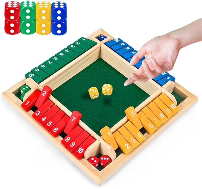 1-4 Players Shut The Box Dice Game, 10 Numbers Traditional Wooden Pub Bar Board Family Table Mat Game Dice for Kids and Adults