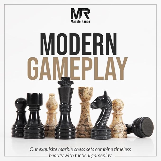 Marble Chess Set 15 Inch Handmade Black & Coral Board Game with Storage Box, Classic Travel Chess Set for Adults with Pieces & 2 Extra Queens, Elegant Gift & Home Décor