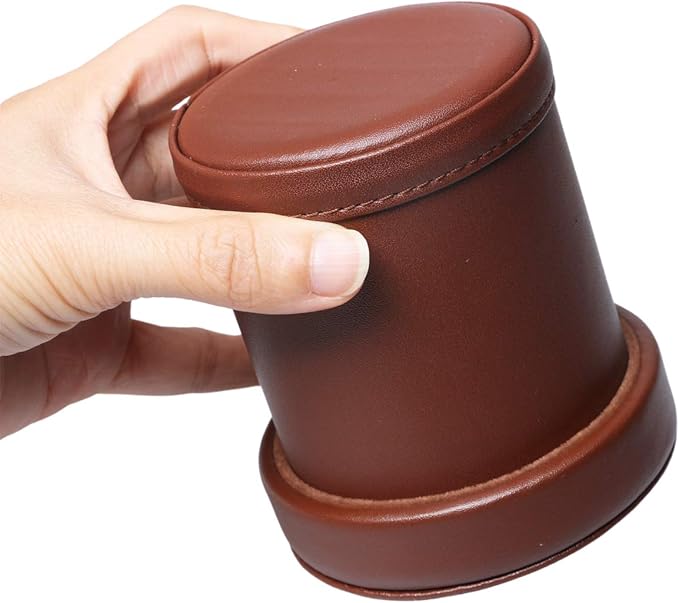 PU Leather Dice Cup Set with Lid Dark Brown Felt Lining Quiet Shaker Cup Includes 6 Dot Dice for Liars Dice Farkle Yahtzee Board Games, 1 Pack