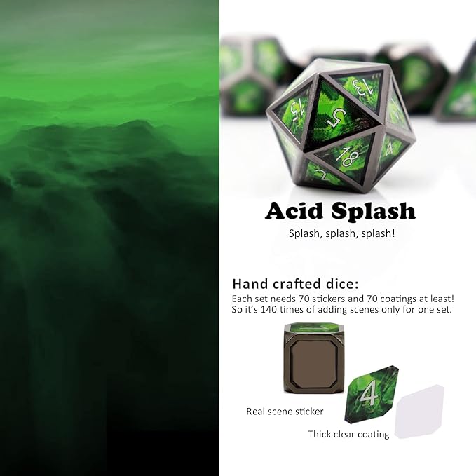 Haxtec Metal Dice Set D&D Acid Splash Real Scene Black Green Polyhedral DND Dice W/PU Leather Dragon Eye Dice Bag for TTRPG Dungeons and Dragons Gifts