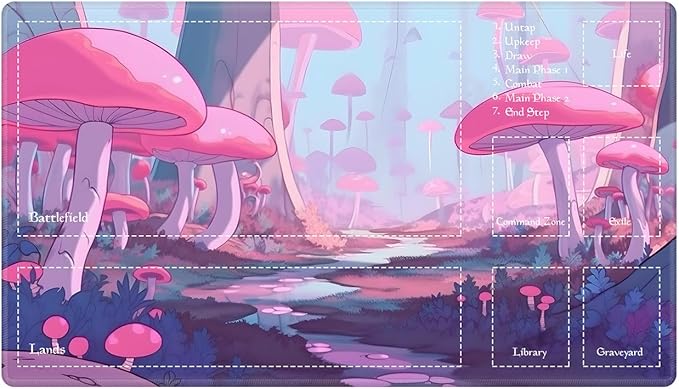 Playmat with Zones for MTG Card Game Playing, Game Mats Tabletop Magic Play Mats 24"x14" Commander Deck Gaming Desk Duel Mat Card Gameplay Mats for Beginner, Anime Pink Mushroom Forest