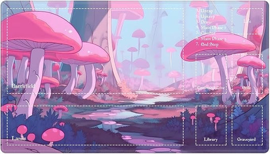 Playmat with Zones for MTG Card Game Playing, Game Mats Tabletop Magic Play Mats 24"x14" Commander Deck Gaming Desk Duel Mat Card Gameplay Mats for Beginner, Anime Pink Mushroom Forest