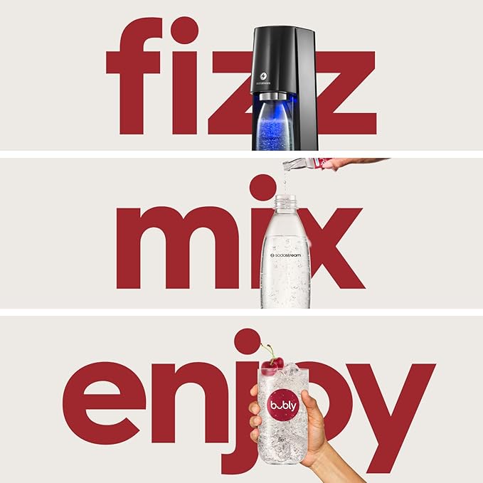 SodaStream - E-TERRA Soda Maker | VALUE BUNDLE | 3 Automatic Carbonation Levels | Includes 2x CO2 Cylinders, 3x 32 Fl Oz Dishwasher Safe Bottles, 2x Bubly Fruit Flavor Drops, 1x Power Adapter | Black