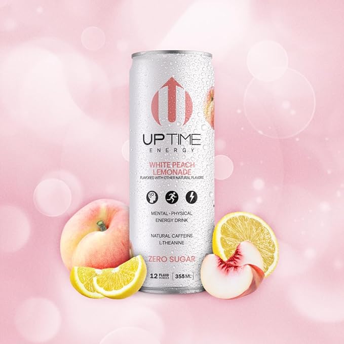 UPTIME Energy Drink, White Peach Lemonade Sparkling, 12 Pack, Vitamin C, L Theanine, Calcium, Sugar Free Energy Drinks for Focus Support, 142mg of Natural Caffeine, 5 Calories, Clean, 12 fl oz Cans