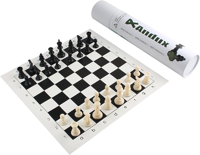 Andux Chess Game Set Chess Pieces and Rollable Board QPXQ-01 (Black,42x42cm)