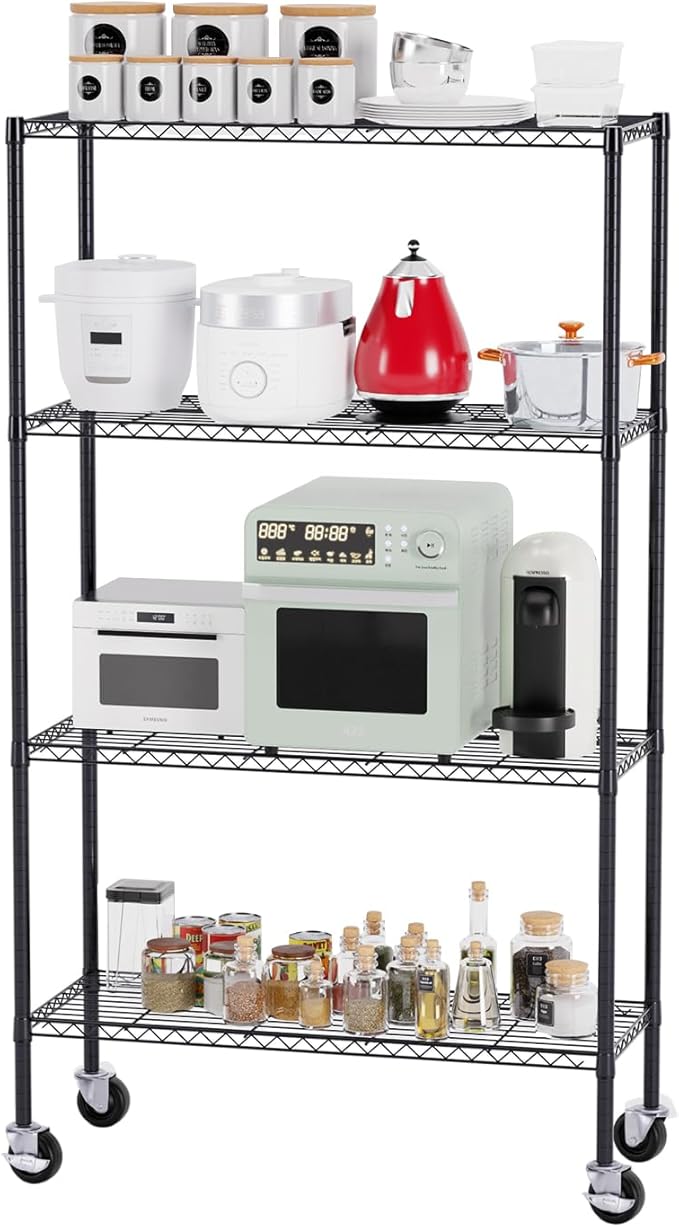 FDW 4-Tier Wire Shelving Unit Adjustable Garage Shelving 1400 lbs Weight Capacity Storage Shelves with Wheels for Home Kitchen Garage Commercial, 14" Dx36 Wx62 H, Black