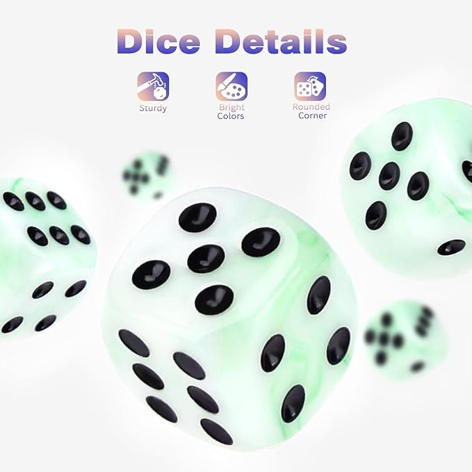 36 Pieces 12mm 6 Sided Mini Dice Set,Mixed Colours Swirls D6 Game Dice Set,6 Sided Standard Game Dice for Board Games Dice Games Classroom Teaching Dices Game,with Portable Gaming Box(Green & White)