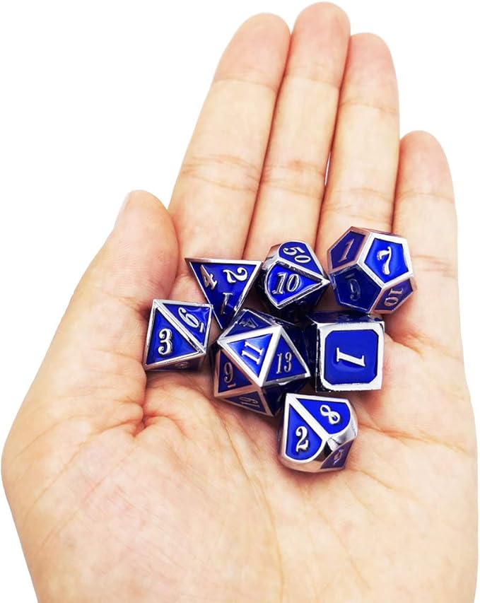 Haxtec Metal Dice Set D&D Silver Navy Blue Metal Polyhedral DND Dice for Dungeons and Dragons-Glossy Enamel Dice (Silver Navy Blue)