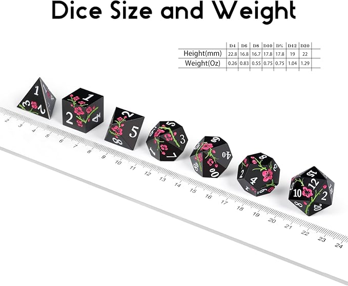 Metal Dice Set D&D, DNDND 7 PCS Flower Metallic DND Dice Set with Grogeous Gift Case for Dungeons and Dragon Tabletop Game (Matte Black with Pink Flower)