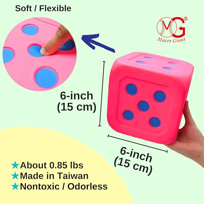 Macro Giant 6 Inch Soft Foam Jumbo Big Playing Dice, Set of 4,Neon Color, Math Teaching, Teaching Aids, Board Games, Kid Toy