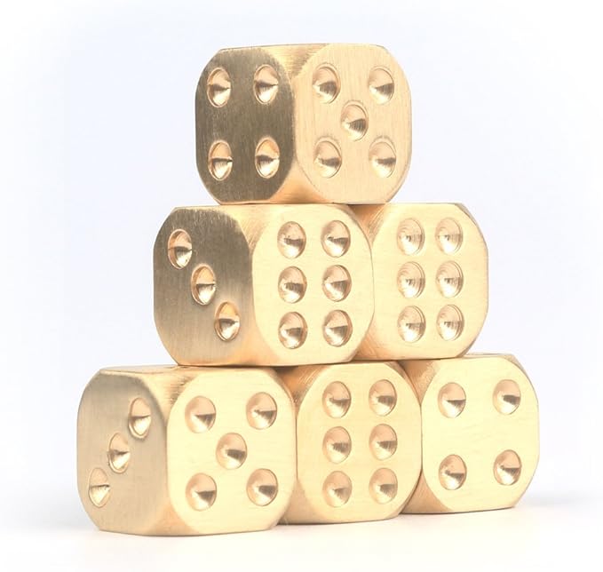Metal Dice Set 6pcs, Solid Brass Dice with Gift Metal Case and Portable Bag, 6 Sided Metal Dice for Tables Board Game, Poker Party Role Playing Games