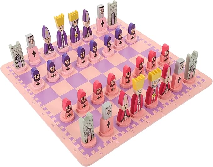 TOYANDONA Wooden Chess Set, 11.8 inch Cartoon Travel Chess Set Pink Chess Board Game Set with Cute Chess Pieces for Kids and Adults