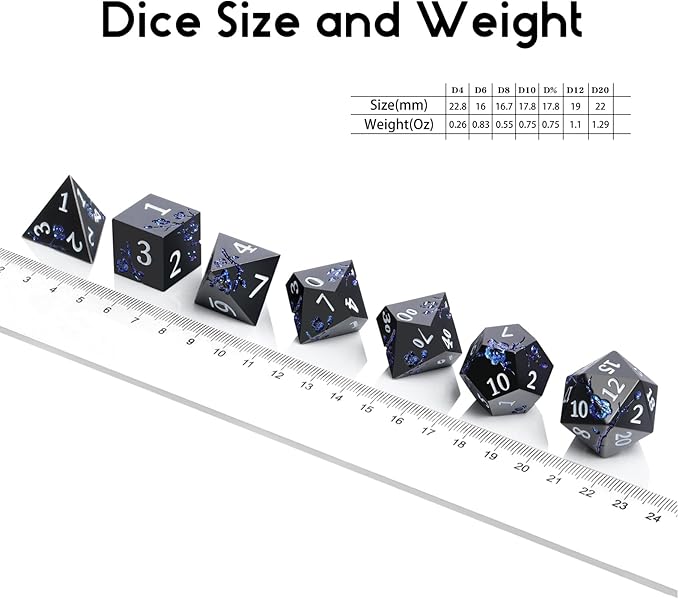 Glitter Blue D&D Metal Dice, DNDND 7 PCS Flower Metallic DND Dice Set with Gorgeous Gift Case for Dungeons and Dragon Tabletop Game (Matte Black with Glitter Blue Flower)