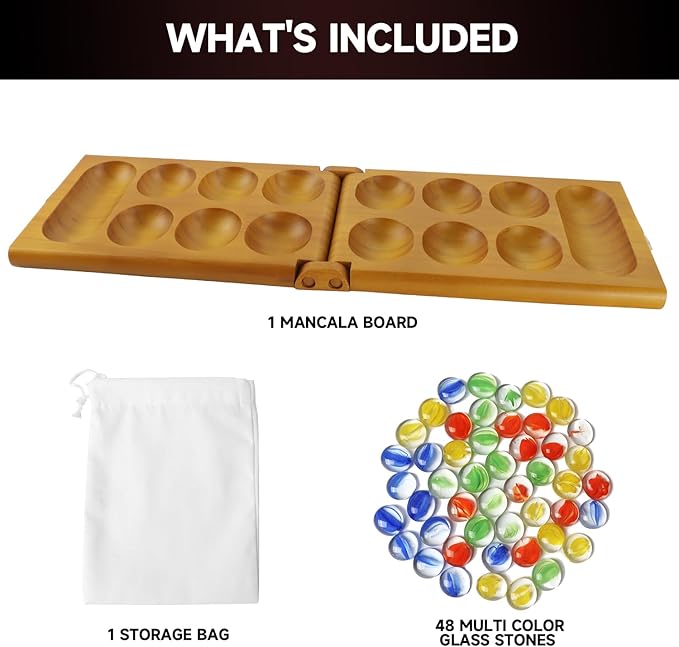 GSE Games & Sports Expert Folding Wooden Mancala Board Game with Multi-Color Glass Stones and Storage Bag, Portable Family Travel Strategy Games Set for Kids & Adults (Oak)
