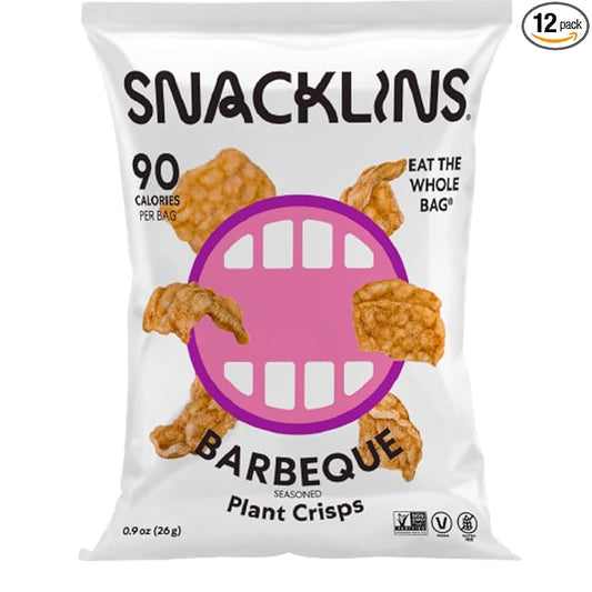 SNACKLINS Plant Based Crisps BARBEQUE - Only 90 Calories Per Bag, Gluten Free, Grain Free, 100% Kosher For Passover, Vegan Healthy Snacks, Crunchy Puffed Snack - .9oz Bag (Case of 12)
