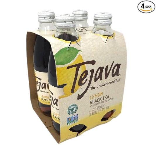 Tejava Lemon Black Iced Tea, 4 Pack, 12oz Glass Bottles, Unsweetened, Non-GMO, Kosher, No Sugar or Sweeteners, No calories, No Preservatives, Brewed in Small Batches