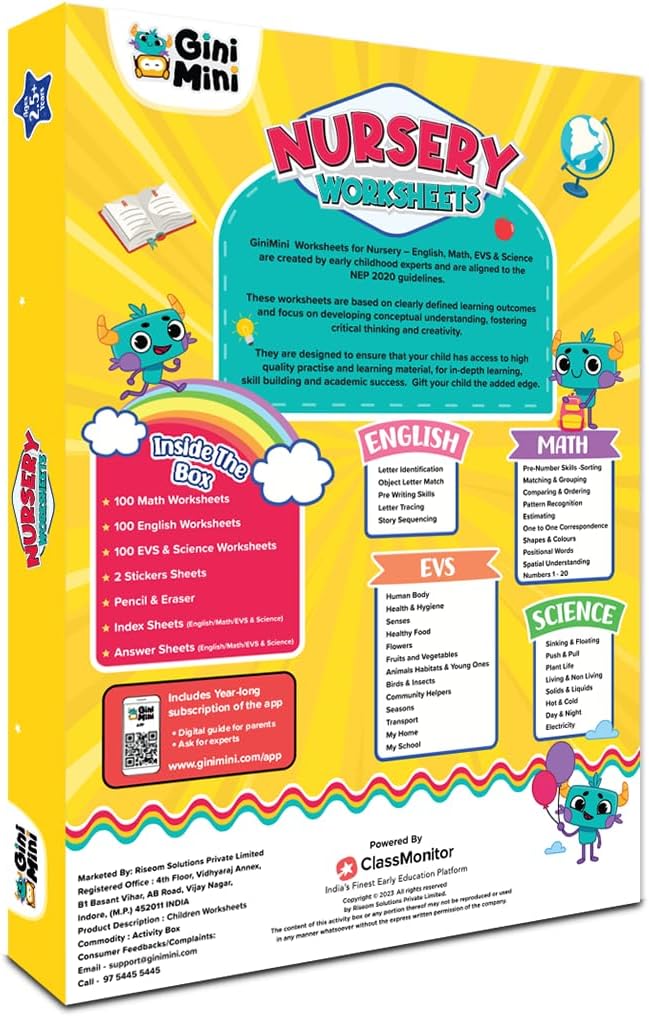 300 Nursery Worksheets (English, Maths, Science, & EVS) with Stickers & Index, Interactive Fun Preschool Learning Activities for Ages 3 and 4