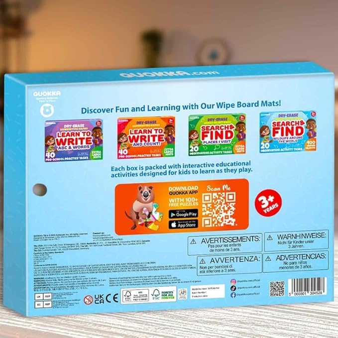 QUOKKA Busy Book Handwriting Practice for Kids - Search & Find - Activity Cards for Kids 3-8 – Reusable Mats with Dry-Erase Marker, Explore 20 Topics, Road Trip Activities, and Travel Games