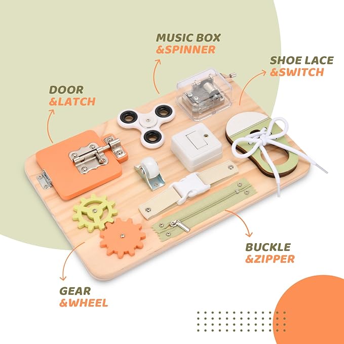 Montessori Toys for Tooddlers- Busy Board for 1 2 3 4 Years - Educational Fidget Toy for Baby - Wooden Sensory Toys for Autistic Children - Preschool Activities - Fine Motor Skills – Travel Toy