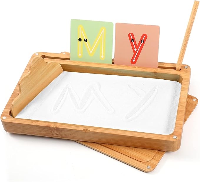Montessori Sand Tray with Lid - Wooden Sand Trays for Kids - Writing Letters and Numbers (White)