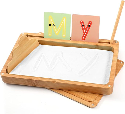 Montessori Sand Tray with Lid - Wooden Sand Trays for Kids - Writing Letters and Numbers (White)