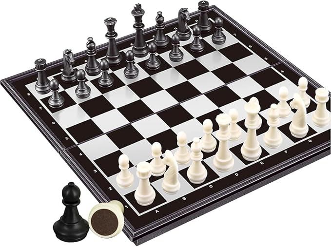 WEofferwhatYOUwant 3-in-1 Magnetic Travel Chess Set – Portable Chess, Checkers & Backgammon Board Game – 10” Folding Board
