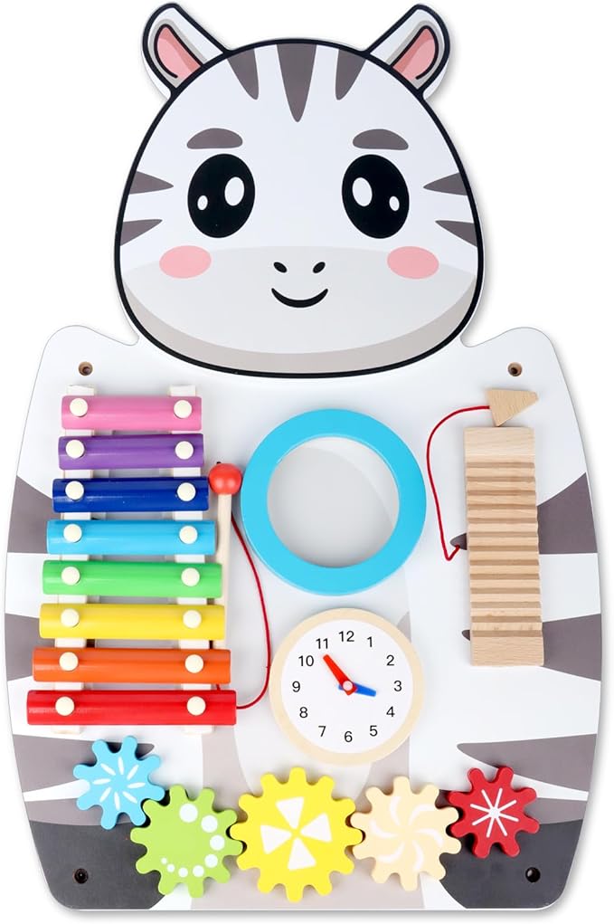 Sensory Wall Panels for Kids - 5 Activities Zebra Wooden Wall Mounted Toy for Daycare - Safety Decor for Toddlers Sensory Playroom