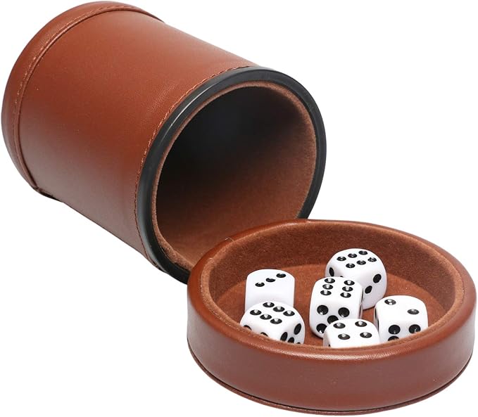 PU Leather Dice Cup Set with Lid Dark Brown Felt Lining Quiet Shaker Cup Includes 6 Dot Dice for Liars Dice Farkle Yahtzee Board Games, 1 Pack