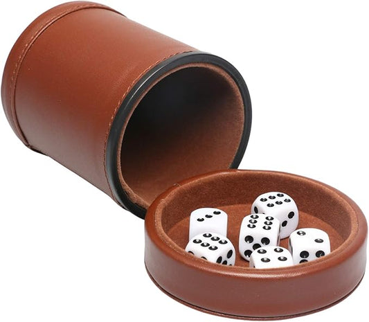 PU Leather Dice Cup Set with Lid Dark Brown Felt Lining Quiet Shaker Cup Includes 6 Dot Dice for Liars Dice Farkle Yahtzee Board Games, 1 Pack