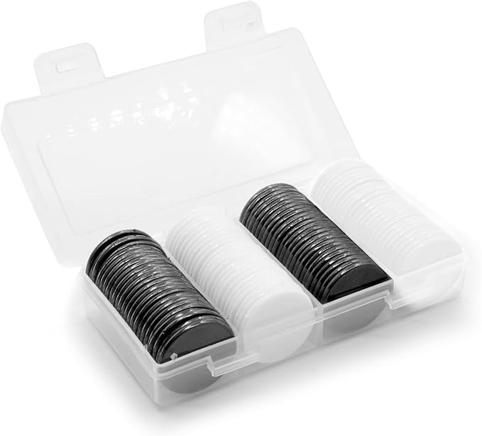 Set of 100 Opaque Plastic Learning Counters Mini Poker Chips Game Tokens with Storage Box (Black+White, 1.58 Inch)