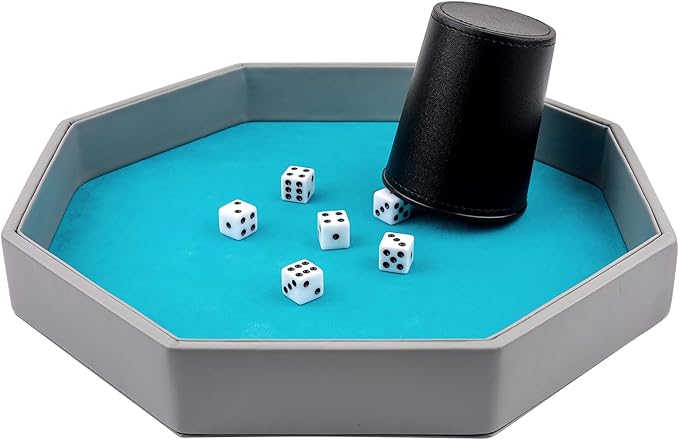 Dice Rolling Tray, Blue Felt Lined PU Leather Octagon Dice Tray for Dungeon Crawler Games