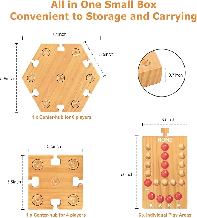 Marble Board Game, Wooden Board Game for 4 and 6 Players, Portable Original Marble Game with 24 Marbles 12 Dice for Family Friends Party Game Night
