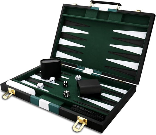 Backgammon Set - Classic Board Game with Premium Leather Case - Portable Travel Strategy Backgammon Game Set for Adults, Kids - Suitable as (15inch, Black)