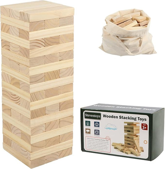 Tumble Tower Set, 54PCS Large Timber Game with Storage Bag, Wooden Stacking Games for Kids Adults and Family, Outdoor and Indoor Play