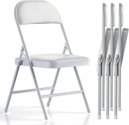 Nazhura 4 Pack Folding Chairs with Padded Cushion and Back, Khaki Metal Chairs with Comfortable Cushion and Durable Steel Frame for Home and Office, for Indoor and Outdoor Events (White, 4 Pack)