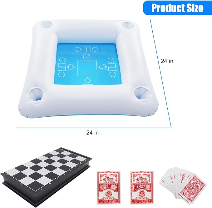 Floating Pool Game Table with Playing Cards - Inflatable Pool Party Tray Float with Foldable Chess Board - Mostop Floating Card Game Table - Pool Float Food Drink Holder for Hot Tub Beach Summer Party