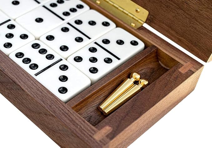 Alex Cramer Le Club' Luxury Domino Set with Handcrafted Walnut Case and Cribbage/Counter Top - Tournament Quality 28 Indestructible (Double 6 Domino Set with Brass Plate)