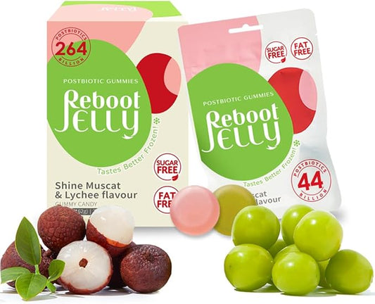 Reboot Probiotic Jelly | 44 Billion CFU Gummies | Vegan, Sugar-Free, Shelf-Stable | Chewable Lychee & Muscat Grape Flavor | 48 Pouches for Gut Health