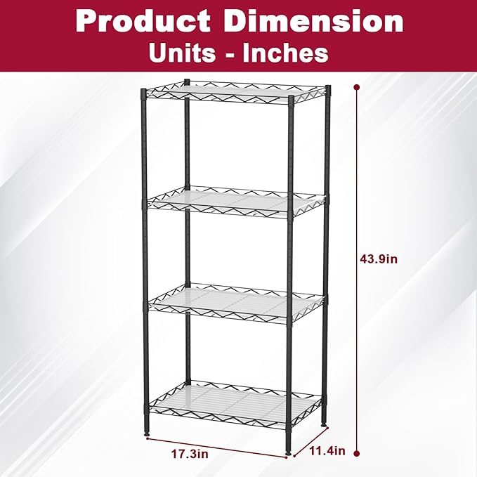 4-Tier Wire Shelving Unit 600 lbs Weight Capacity Storage Shelves Metal Frame Garage Shelves Easy Installation Metal Shelves for Home Kitchen Garage Pantry, 12" Dx18 Wx44 H, Black
