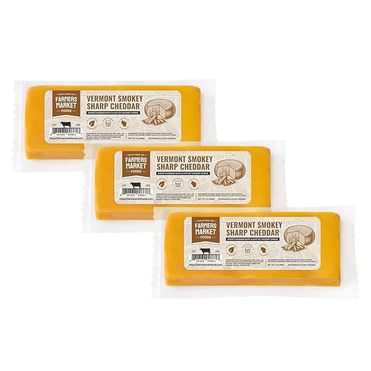 Farmers' Market Vermont Smokey Sharp Cheddar Cheese Block 7oz, Shelf Stable, Locally Sourced Wisconsin Cheese, All Natural Cheese Snack, Perfect for Slicing and Shredding, 3-Pack