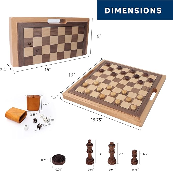 GSE Games & Sports Expert 16" Deluxe 3-in-1 Wooden Folding Chess, Checker & Backgammon Board Game Combo Set, Portable Travel Game Set for Kids & Adults