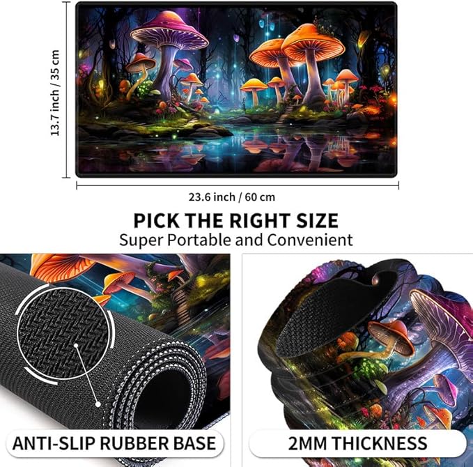Playmat 24" x 14" Game Mats Tabletop Magic for MTG/TCG Cards, Trading Card Game Playing Stitched Play Mats Commander Deck Gaming Desk Mat Card Gameplay Mats, Magic Mushroom Enchanted Forest