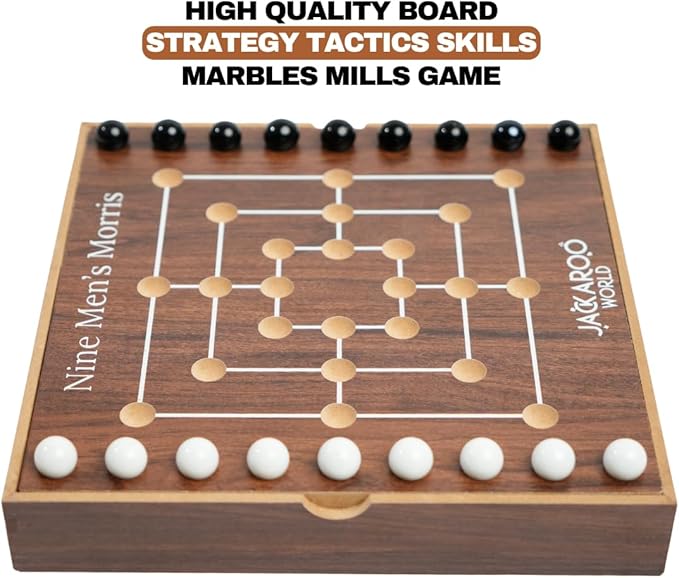 Nine Mens Morris Board Game - 2 Player Games Ancient Rome Game - Marble Strategy Game Wooden Tic Tac Teo Game Mill - Wooden Board Game for Men & Woman Marbles Games for Adults (Walnut)