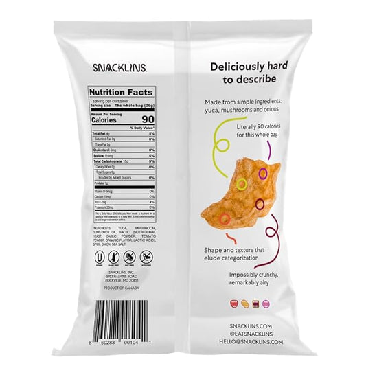 SNACKLINS Plant Based Crisps NACHO - Gluten Free, Grain Free, 100% Kosher, Vegan Healthy Snacks, Crunchy Puffed Snack, Only 100 Calories Per Bag - .9oz Bag (Case of 48)